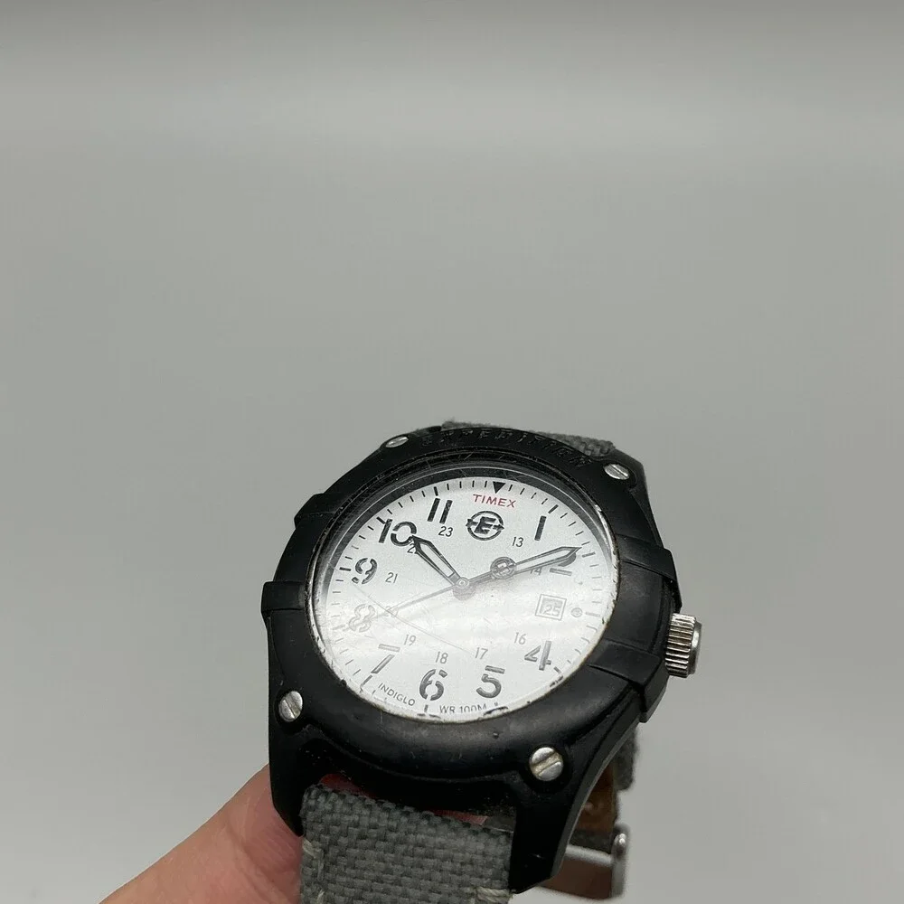 Timex Expedition Indiglo Mens Watch 34mm White Dial Gray Canvas Date New Battery